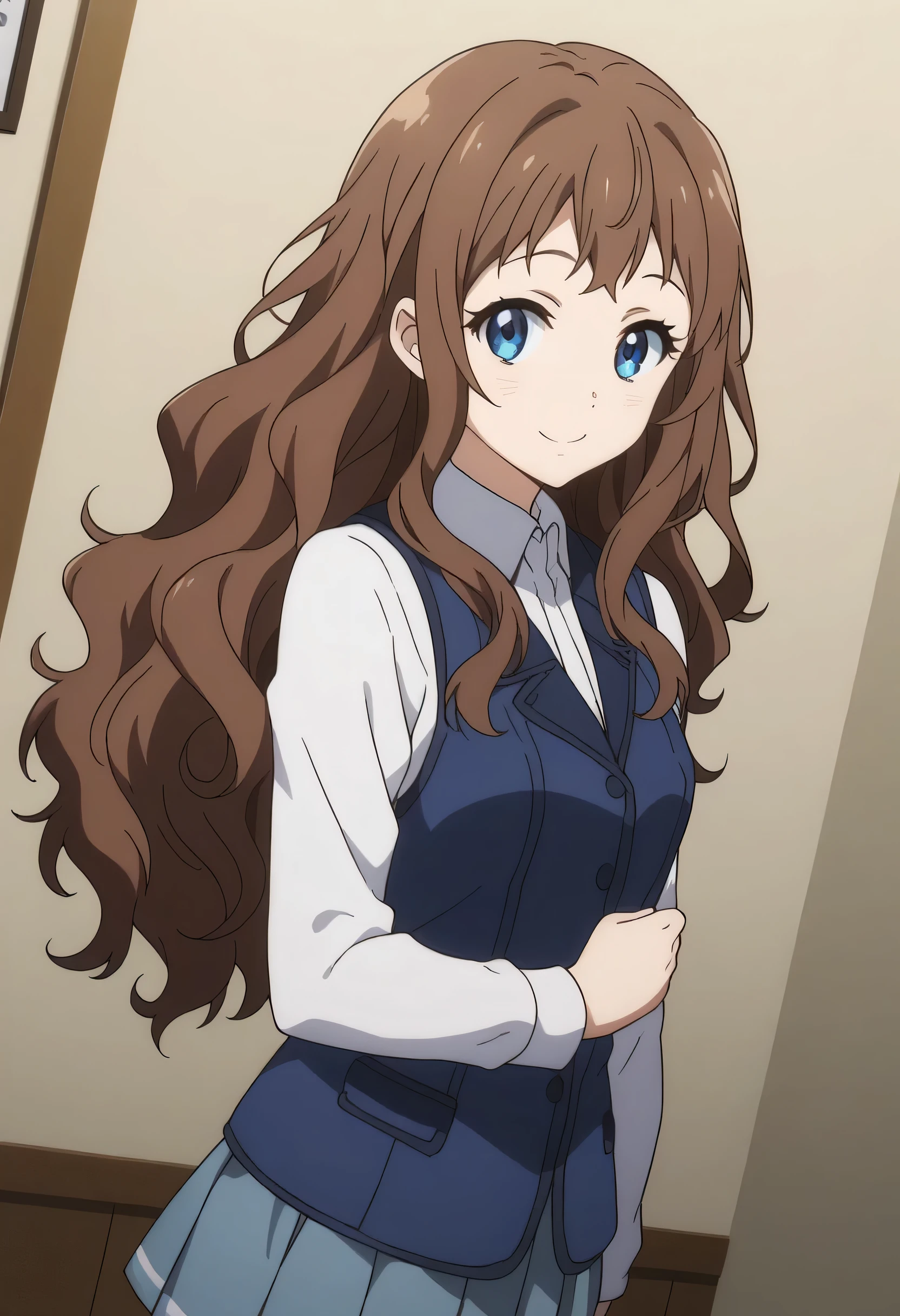 score_9, score_8_up, score_7_up, source_anime, ai shindou, ai shindou, long hair, blue eyes, brown hair, wavy hair, skirt, long sleeves, guild uniform, pleated skirt, indoors, counter, reception room, on side, smile, looking at viewer,smile, cowboy shot, dutch angle, solo