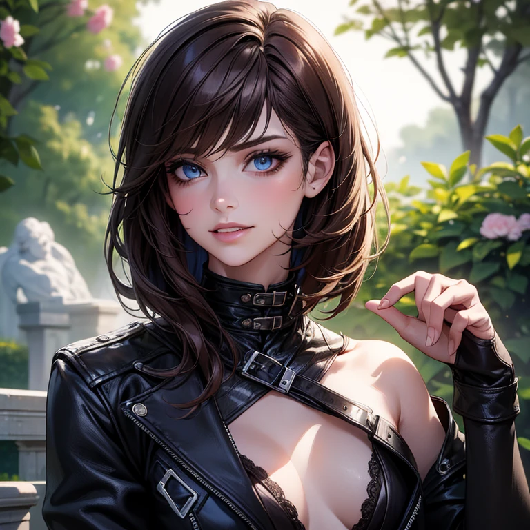 cat woman, goth, black hair, blue eyes, smile, sunlight, forest, garden
