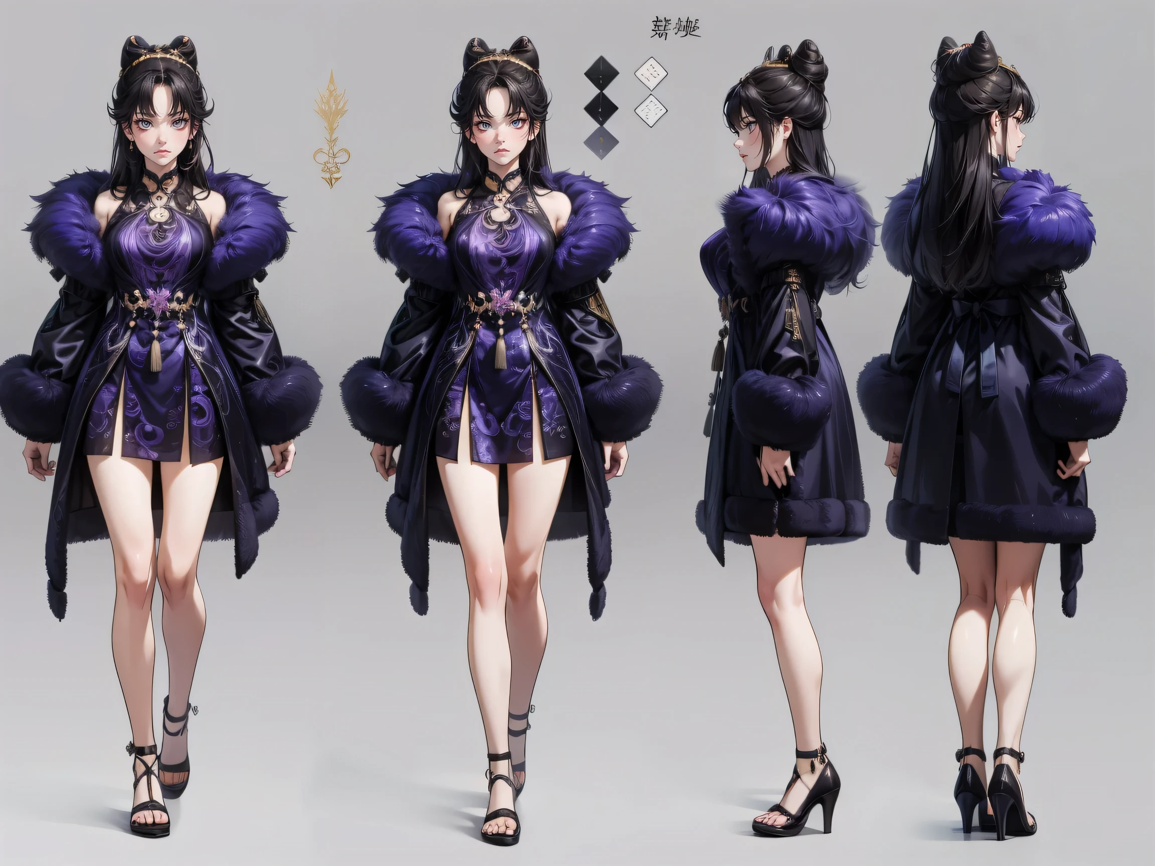  Masterpiece , best quality,  1 Xiao Wu ,  Face Color Looks Cool ,  Strong, Golden Left Eye , Red Right Eye , Long hair, Black hair,  Firm Eyes ,  Simple Uniform ,  Black Long Earrings ,  Chinese Morden Hybrid ,  Front Photo ,  simple background,  purple Background , Anime, illustration, Full body , bun hair , black fluffy animal coat on shoulders , tiny girl , head shot , big breasts and loli body , purple eyes , short girl , character sheet , detail dress