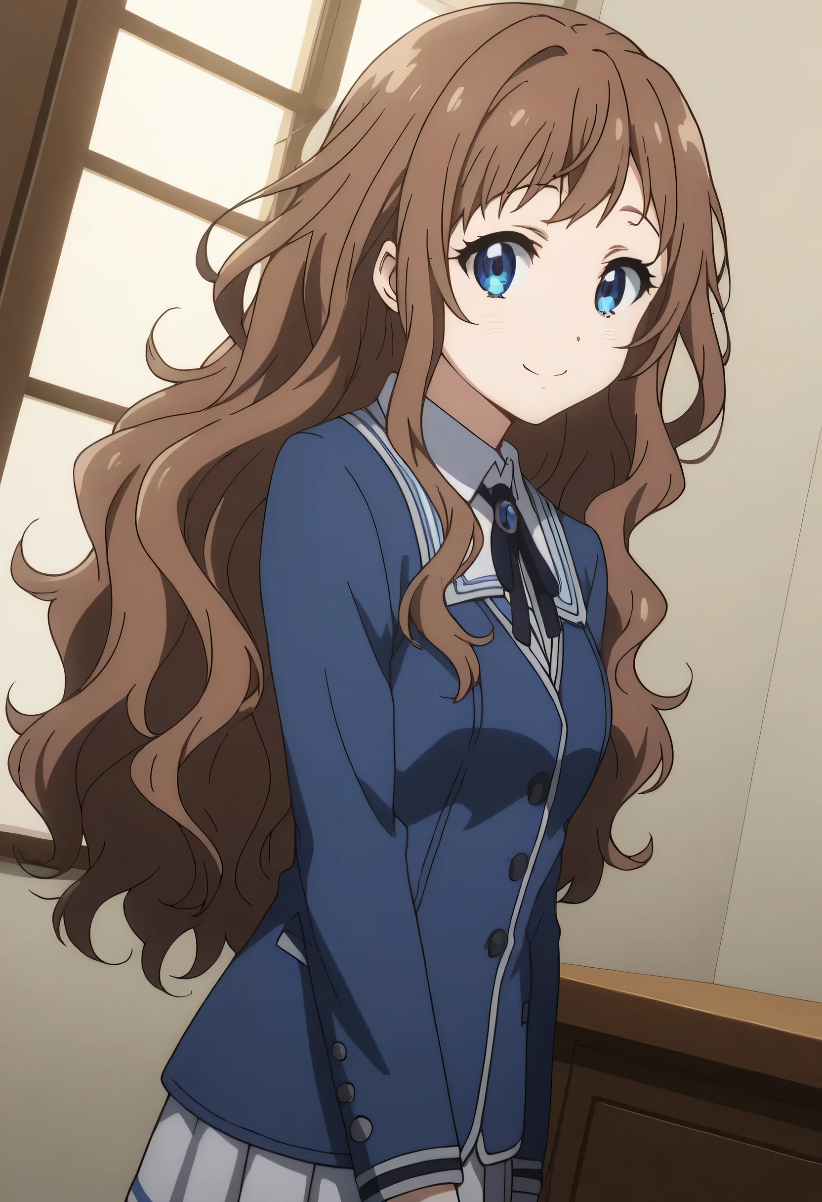 score_9, score_8_up, score_7_up, source_anime, ai shindou, ai shindou, long hair, blue eyes, brown hair, wavy hair, skirt, long sleeves, guild uniform, pleated skirt, indoors, counter, reception room, on side, smile, looking at viewer,smile, cowboy shot, dutch angle, solo