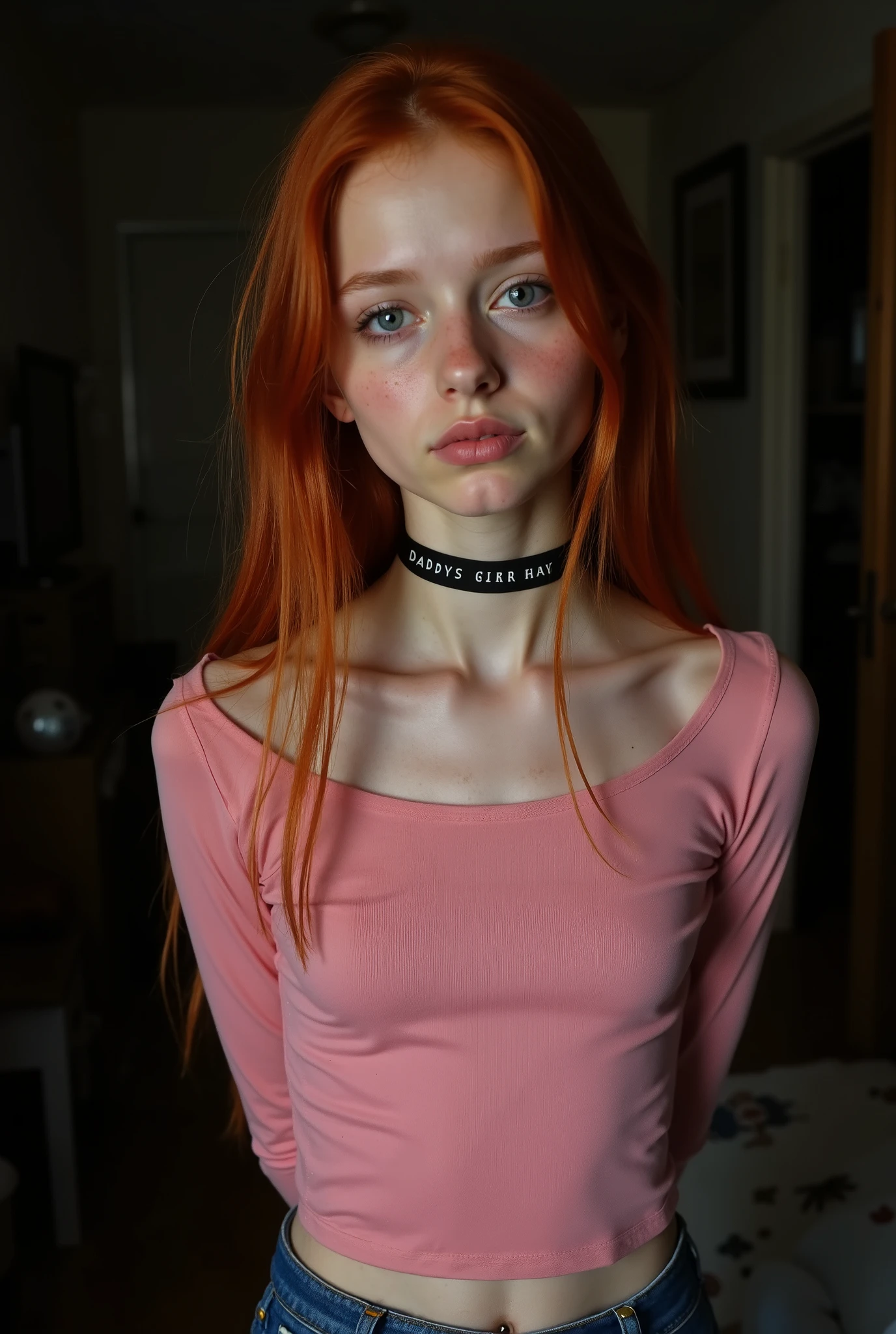 score_9, score_8_up, score_7_up, score_6_up, cinematic picture of 1girl, girl, young, adorable, cute, innocent, thin, short, skinny small, age17, (cute face), Long hair, a-line haircut, ginger hair, freckles, freckles on body, freckles on boobs, blushing, small breasts, fit, bright blue eyes, ((small waist)), cute, feminine, (black choker with the text, "DADDYS GIRL"), sweet, (tight pink long sleeve tight crop top), ((standing, arms behind the back)), puffy nipples, erect nipples, natural skin, british:1, shy, in dark bedroom, long intricate ginger hair, face focus, low light, dark night, shadows, short stature, slim skinny anorexic body, petite anorexic body, round face, youthful face, dramatic lighting, candid, perfect eyes, Reddit, amateur, real life photo, selfie, portrait,