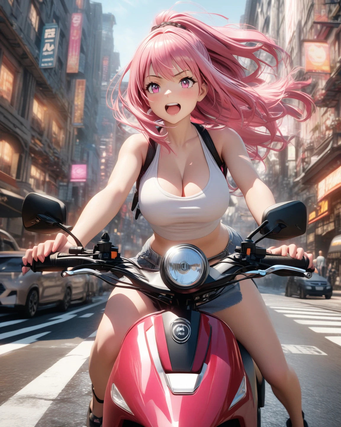 ((Highest quality,8k,32K,masterpiece,Ultra-high resolution :1.2 ),born,One person,Super cute,Natural light,Clear, shining eyes,20-year-old,Fair skin,Motorcycle touring electronic world fantasy background,Pink Hair,short hair,Large Breasts,In a bra,Short skirt,Riding a motorcycle,Motorcycle Helmets,Feeling embarrassed,A little angry, Twin tails