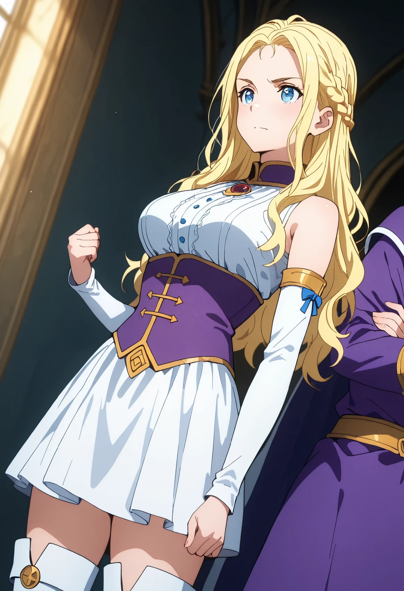 1 people, ONLY one person, ushio kofune, long hair, wavy hair, blond hair, braid, blue eyes, in a castle, medieval noble, medieval princess, white dress sleeveless, tight auxiliary sleeve, white auxiliary sleeve, white boots, thigh boots, whaite and purple outfit with gold finishes, fantasy magician outfit, dominant, confident, underbust with a dominant face, dutch angle, cowboy shot, perfect eyes, perfect body