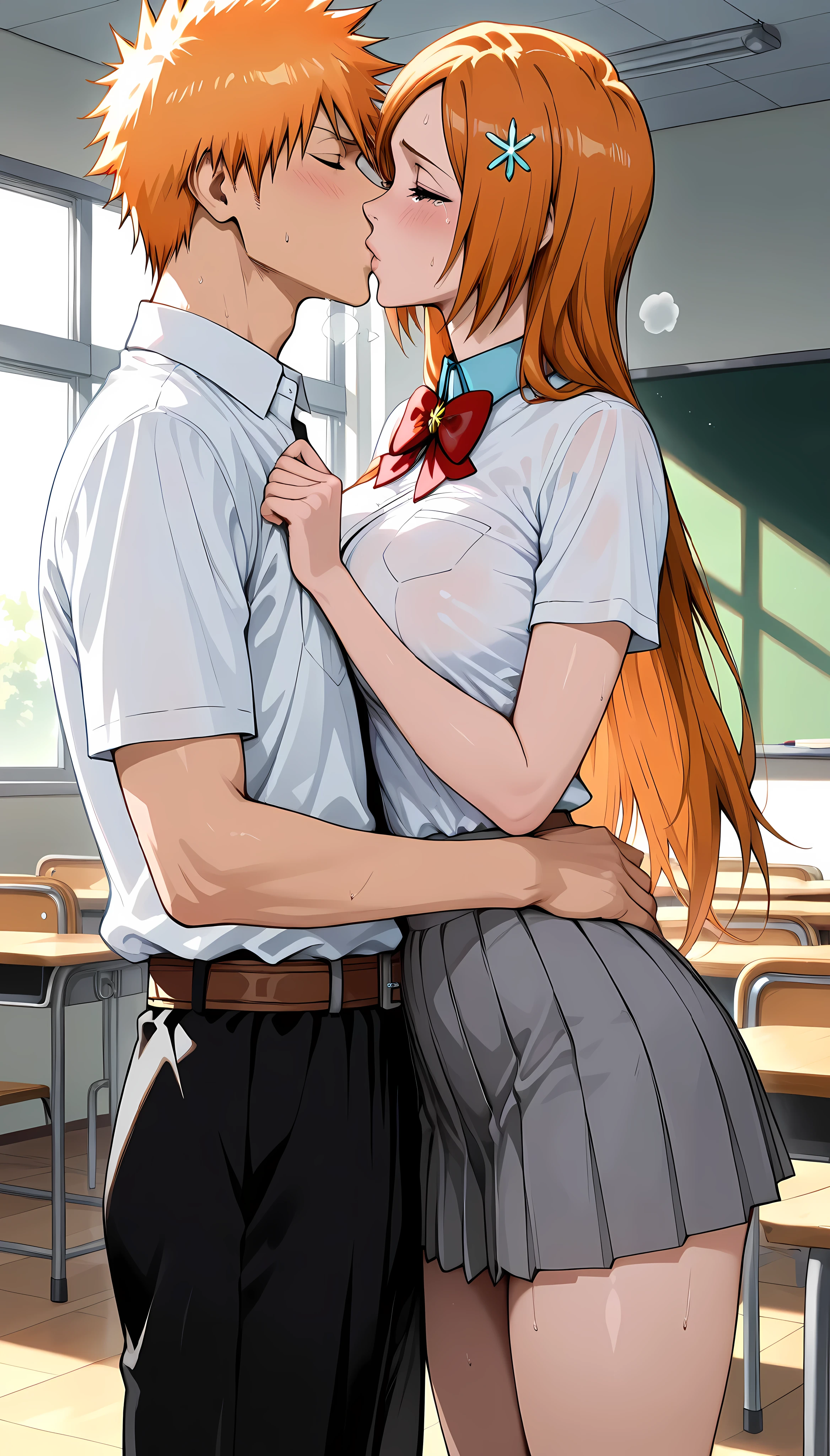 (masterpiece,best quality:1.2,amazing quality,very aesthetic,absurdres,newest,realistic),(Kurosaki Ichigo,Inoue Orihime,bleach),1man and 1woman,kissing,(adult),(very small head:1.2),medium breasts,(ideal ratio body proportions:1.2,slender body:1.3,thin:1.2),long hair,straight hair,hairpin,shy,tears,rough breathing,sweat,school uniform,white collared shirt,Short sleeve,red bow,pleated skirt,standing,classroom,