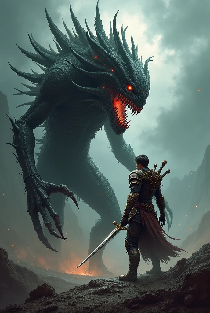 A very detailed painting，Depicts a man　have a weapon on a hill gazing at a giant alien monster lightning breath, author：Shinkai Makoto, By Art Jem, From Wlop, author：Greg Rutkowski, Volumetric Lighting, Octane Rendering, 4K resolution, Popular on artstation, masterpiece ,lightning magic