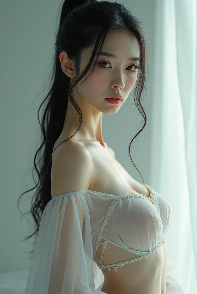 1girl, ((very transparent) Hanfu), (erotic_), (masterpiece), top Chinese model (aphrodite goddess), focuss pretty young face (Russian) (Asian), (beauty breast)  (upper Chest), very best quality detailed face:1.5, indoor bedroom castle (blur background), (8k HD graphic, (soft and chill light), best quality detailed ultra highres:1.2 dynamic lighting, artstation, winner photography, volumemetricslighting),