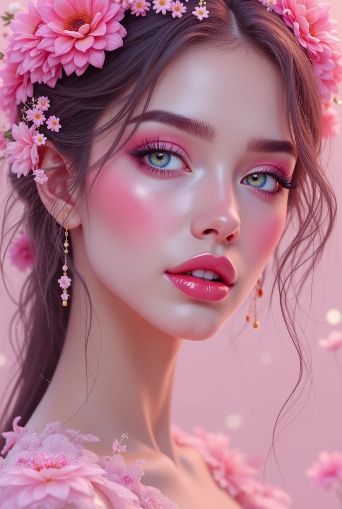 pinkfluxproultrafantasia, ((masterpiece, best quality)), a very beautiful portrait of a pretty avatar with flowers, pixiv illustration, masterpiece, best quality, character design, Chanel, clear facial features, intricate design, design hairstyles HD, 8k, hyper realistic, fantasy by Olga Fedorova