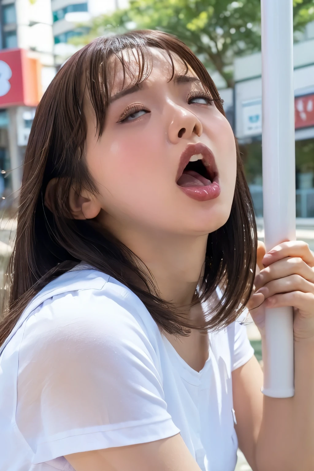 ((Top quality, 8K, masterpiece: 1.3)), beauty, 1 girl, beauty的: 1.3, Slim abdominal muscles: 1.1, Dark brown hair, Top view,The lens looks down,(Kneeling on the ground, Legs open: 1.2), Extremely detailed face, Highly detailed lips, Close your eyes,Runny milk,Milk splashing on face,Delicate eyes, Double eyelids,Touch your body with both hands,Look up at the camera,open mouth,Expression of enjoyment,from above, fisheye