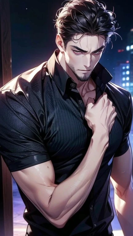 Masterpiece (best quality), vivid colors, and a bokeh background, a handsome guy with black hair, dense hair spikes slicked back, hair cascading over his eyes, Innocent black eyes that hold a subtle, mysterious charm. He sports a well-fitted black hoodie, the fabric embracing his muscular and fit body, while a chin beard adds an extra dose of manliness. A smile gracefully graces his lips, his eyes gazing away, creating an intriguing allure. The entire scene is captured in ultra-detailed, HD, and 4K resolution, featuring an extraordinary detailed face and meticulous attention to every little detail.