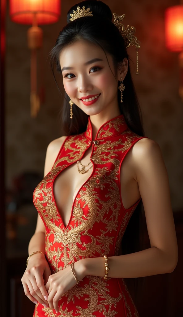 <lora:lun4r_dr3ss-06:0.7>, lun4r_dr3ss, best quality, masterpiece, illustration, realistic, photo-realistic, amazing, finely detail, incredibly absurdres, huge filesize, ultra-detailed, highres, extremely detailed CG unity 8k wallpaper, nsfw, A beautiful young woman with Chinese-style facial features resembling a popular actress is wearing a red cheongsam with gold embroidery. The cheongsam has long sleeves, a large cleavage cutout, and high side slits. She is wearing a set of gold hairpins with red gemstones, and has modern makeup on. Her hair is styled in a modern updo with loose waves. She is standing in a red and gold room with festive decorations. She is looking at the camera with a confident smile, and her body language is relaxed but alluring. The camera is zoomed in on her face and upper body, showing off the details of her cheongsam and accessories.