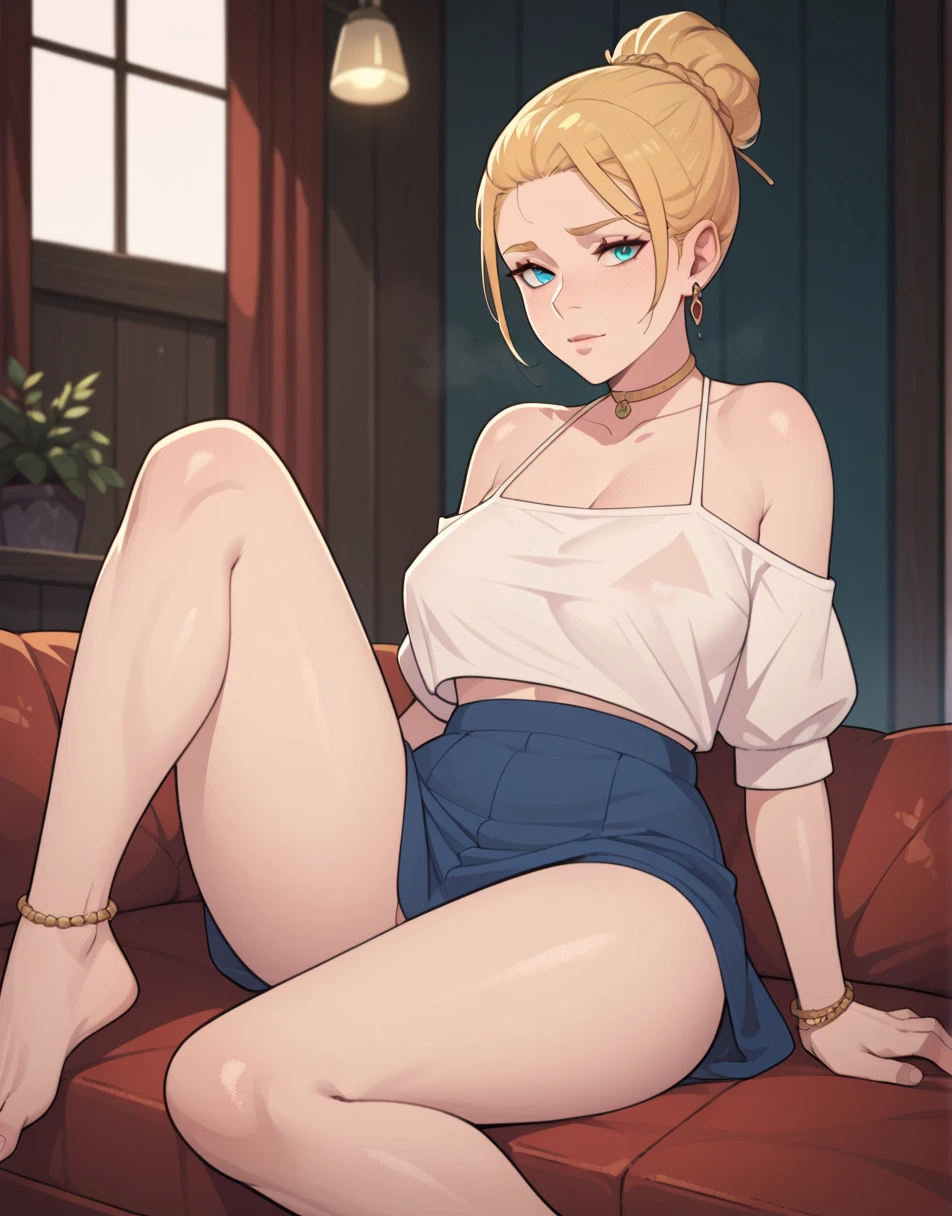 <lora:keirametzV2:0.9>, kmzW3 girl, yellow eyes, white hair, blue dress, all fours, bed, bottomless, slight smile, bead necklace, mature, best quality
