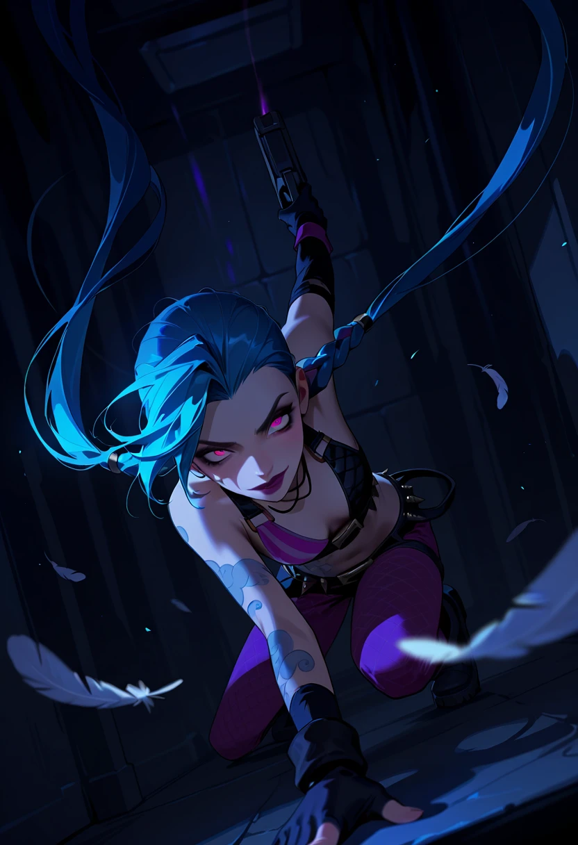  score_9, score_8_up, score_7_up, (Expressiveh:0.8), BREAK (Jinx, League of Legends:1.1), BREAK girl 24yo, solo, 1girl, Jinx,  girl, perfect face, thin waist, focus on skin, outside, perfect eyes, perfect face, slender  body, cleavage, midriff, surrounded by ((hundreds of floating white feathers)), ((hundreds of white feathers)), dynamic motion, tense action pose, dynamic pose, ((feathers floating around)), narrowed eyes,  smirk, falling down an elevator shaft, pointing a gun at the viewer, white feathers, cinematic lighting, accurate, detailed facial features, dynamic, expressive, action, feathers, feathers floating down, illustration, 4K, high resolution, cinematic lighting, rich color palette, dramatic shadows, dynamic angle, cinematic angle, movie angle, 