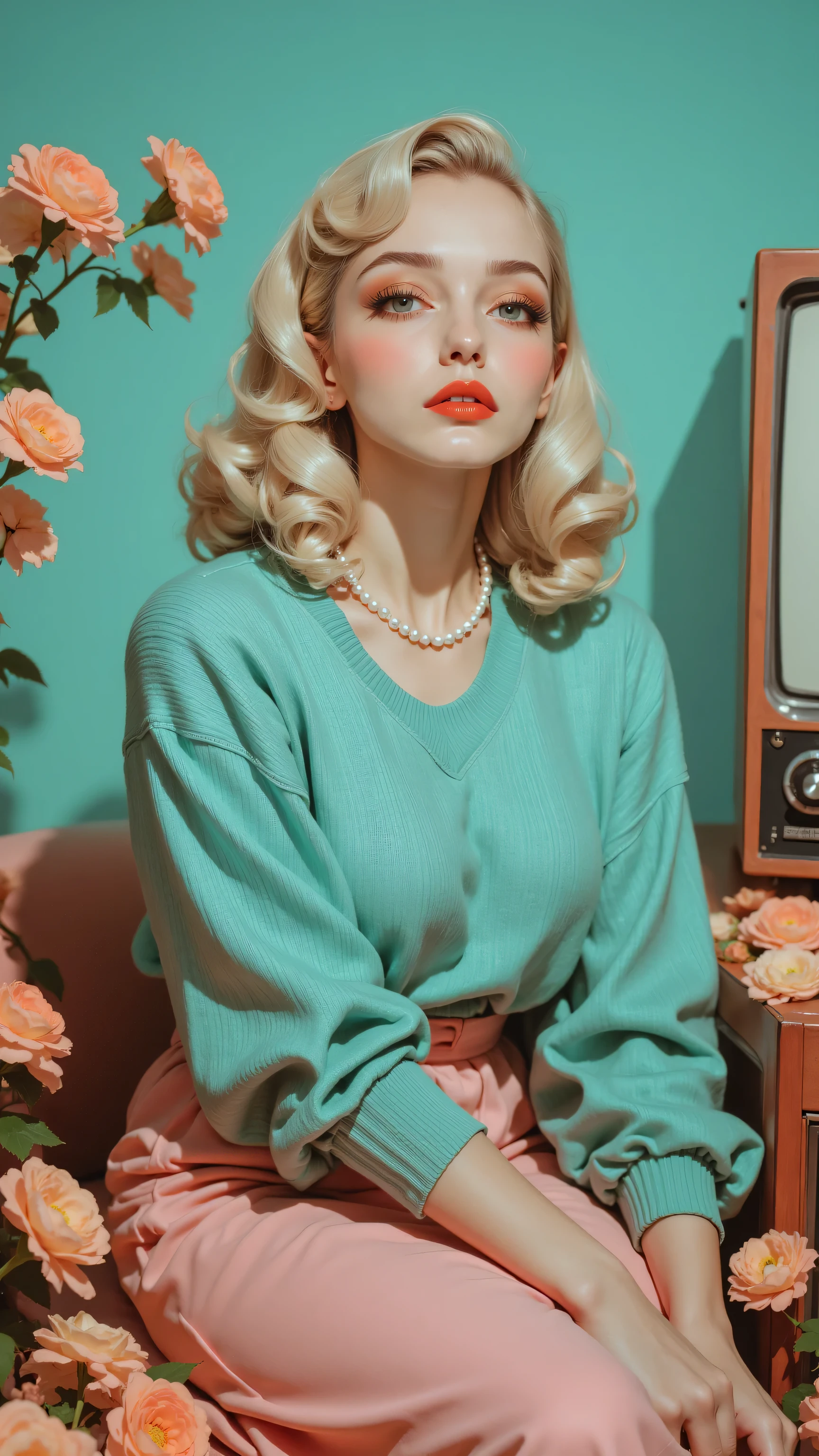 8k, Masterpiece, Top Quality, Retro, 1950s style, blonde woman with curled hair, red lipstick, pearl necklace, teal sweater, pink skirt, vintage television set, pastel colors, peach and coral flowers, turquoise background, soft lighting, nostalgic atmosphere, cinematic quality, high detail, photorealistic,