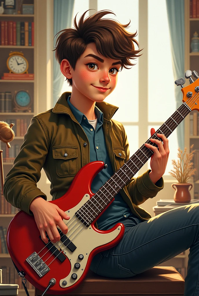 Singer boy brown hair fair skin holding a guitar --auto --s2