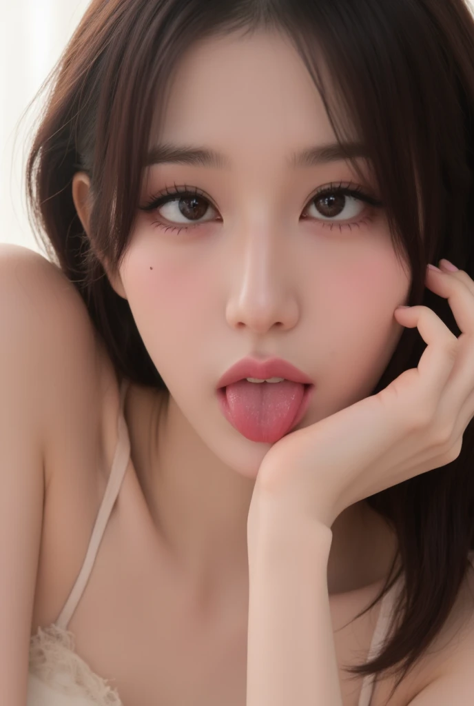 8K quality、High resolution、Realistic skin texture、High resolutionの瞳、Detailed face、Blowjobする女、Brown long hair、、A tank top made from lightweight fabric、thin、Model Body Type、Realistic female genitalia、Deep and realistic penis swallowing、Blowjob、deep throat、Semen-covered body、put penis in mouth all the way to the base、、