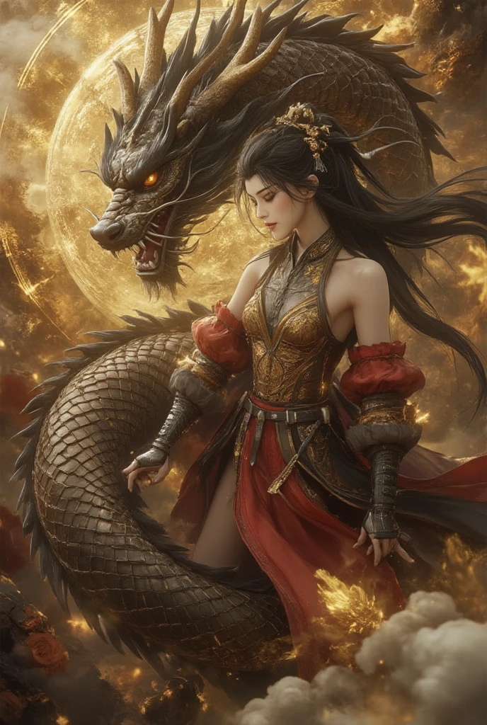 ((highest quality)),(ultra high resolution),(Super detailed),(detailed description),((best CG)),(best work of art),super precision art,great drawing art,(Fantasy art with precise details:1.5), (1 woman:1.5),(beautiful and well-shaped face:1.5),toned back:1.5,A look of determination:1.6,backless cheongsam 1.7,rising dragon tattoo on back:1.8,