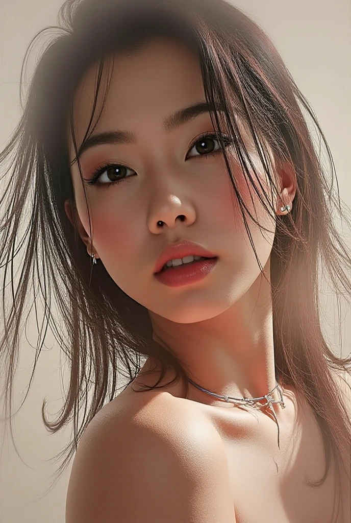 Sticking out pink wet tongue、Glossy red lip gloss