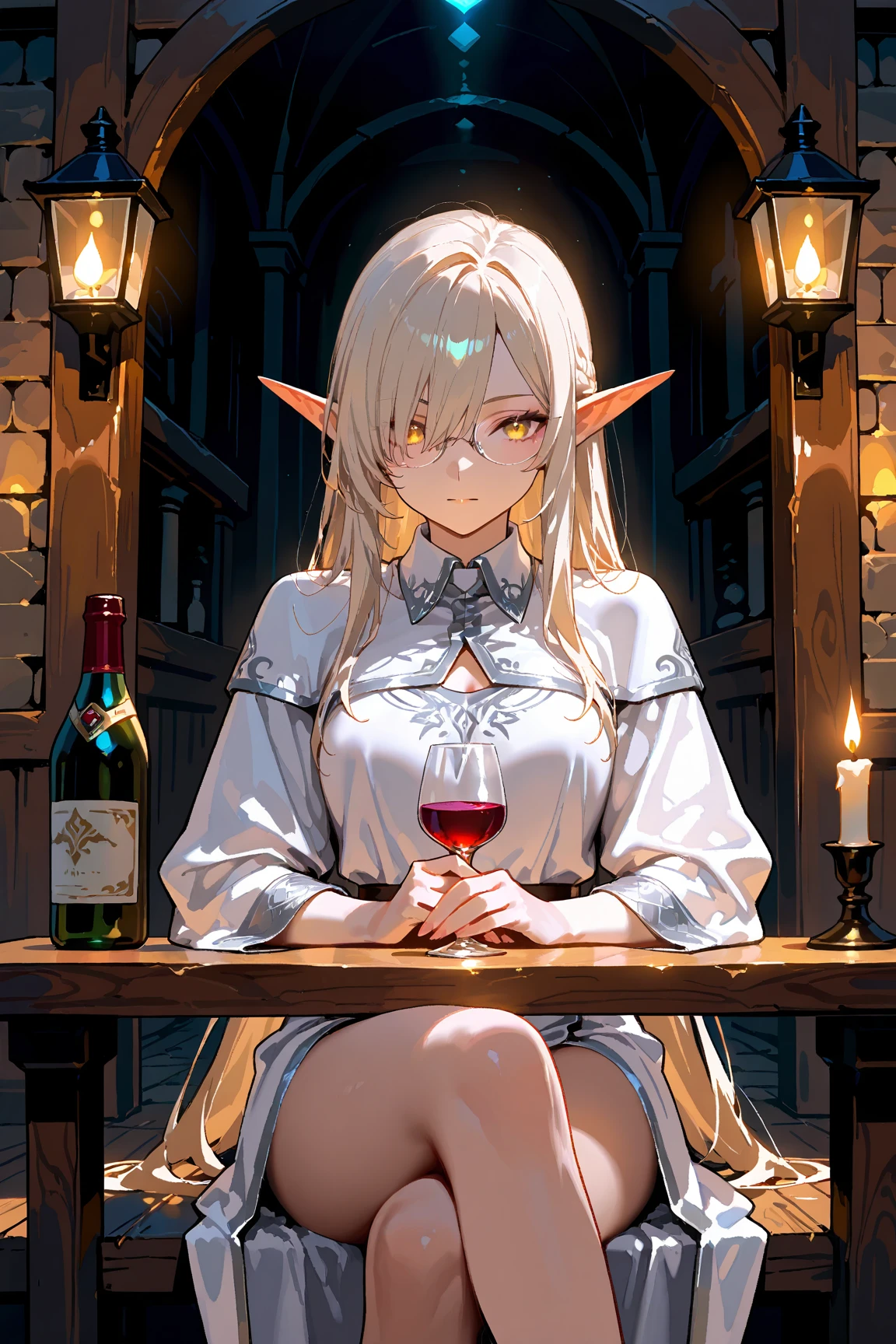 A cozy, stone-built elven bar with an elegant elf bartender preparing a drink for a customer, depicted in an anime style. The elf has delicate features, long flowing hair, and pointed ears. The bar is warmly lit by candlelight, with vintage bottles and glasses lining the wooden counter. The atmosphere is serene and inviting, perfect for a calm evening. The anime style adds a touch of fantasy and whimsy, capturing the magical and mystical nature of the elven world.