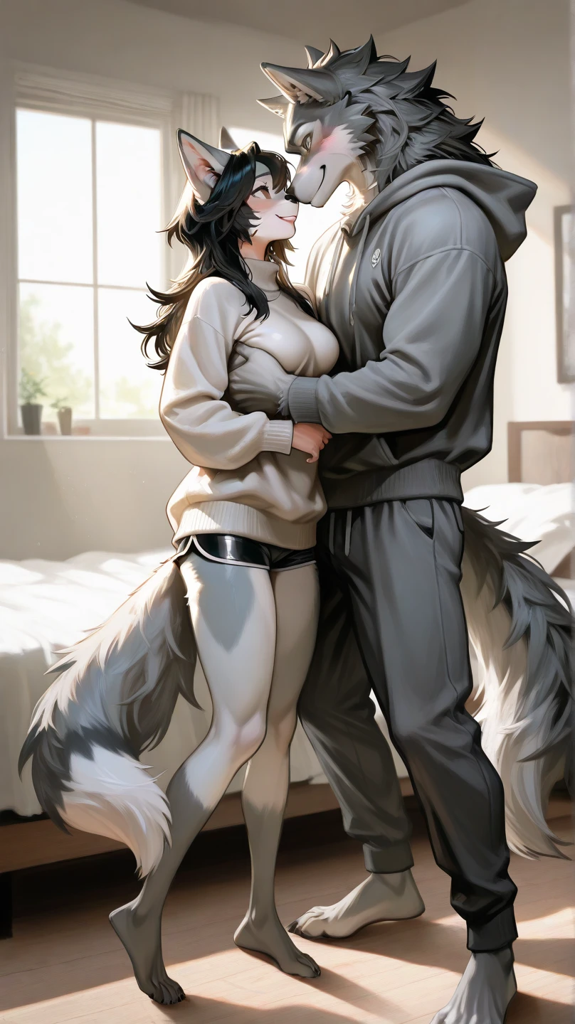 score_9,score_8_up,score_7_up, (a young nerdy Anthro furry wolf woman, wolf snout, white furry body, tall, awkward, long black messy hair, hair covering one eye, Blue eyes, black glasses, thick thighs, small breasts)naked, sex, doggystyle sex, sex from behind, human male is fucking her from behind, facelesss human male, human male is cropped out, wearing black thigh high socks 