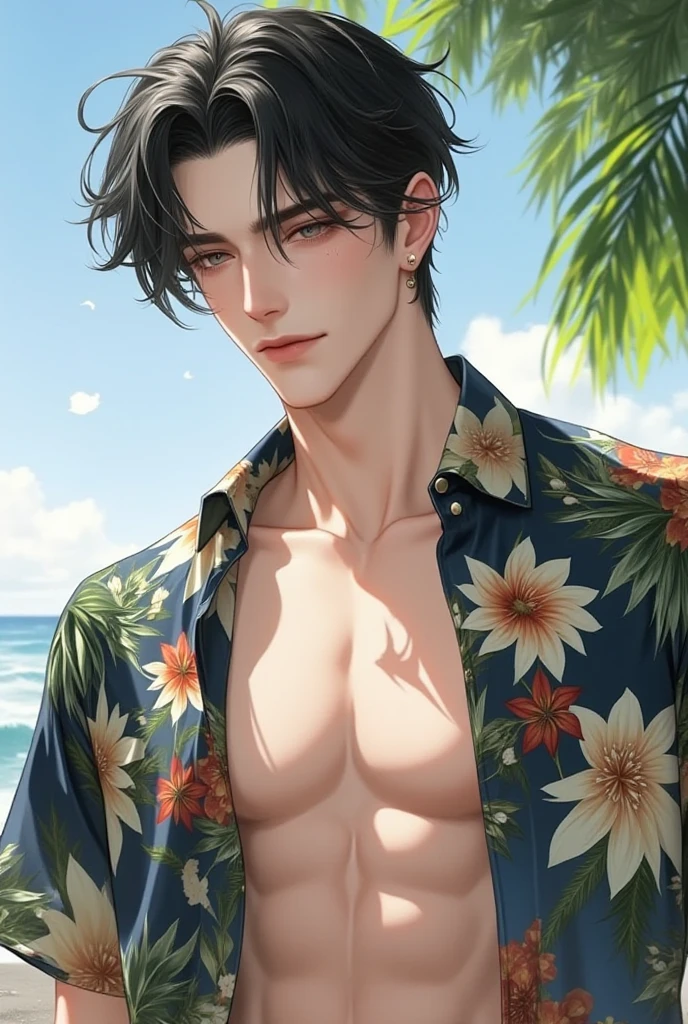 Draw a handsome and muscular man. Try to emphasize his kind eyes, gentle smile, abs, chest muscles. The background should depict a beautiful tropical beach under the scorching sun and include hibiscus flowers. In his outfit, create a stylish fashion with a cool bathrobe. Please incorporate a light blue floral pattern on a white background. Make your illustrations gorgeous and colorful.