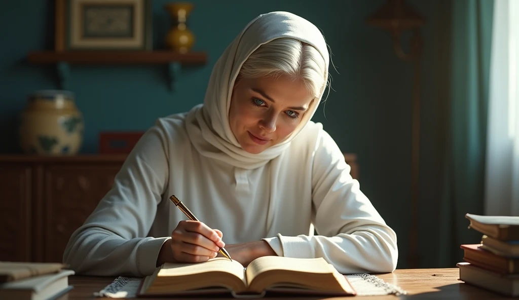 A Muslim girl with a veil, named Adelah, is studying hard to achieve her dream of becoming an English teacher in the future.