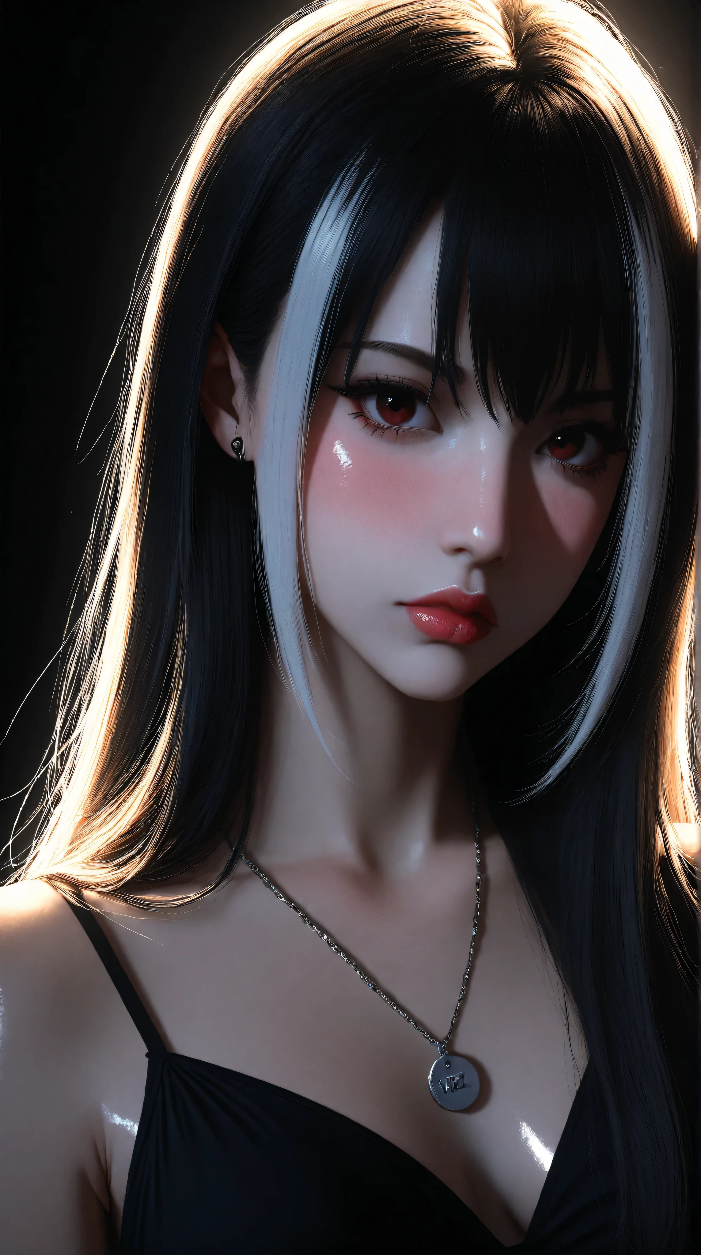 Kizi，Highly detailed, Amazing work，Vitreous luster,((clean backdrop))，In black，(((red colors)))，white color，Best quality at best，clean backdrop, shiny skin, goth, plunging neckline, heavy blushing, 