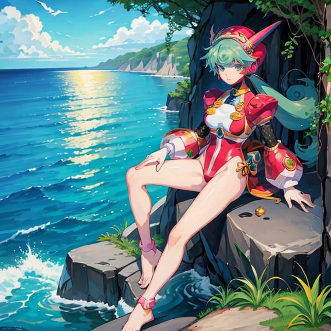 ((masterpiece, top quality, super definition, high definition)), solo, beautiful girl, green crop top, green high heels, booty shorts, crown, space buns, thigh high, gold anklet, five fingers, staff, red eyes