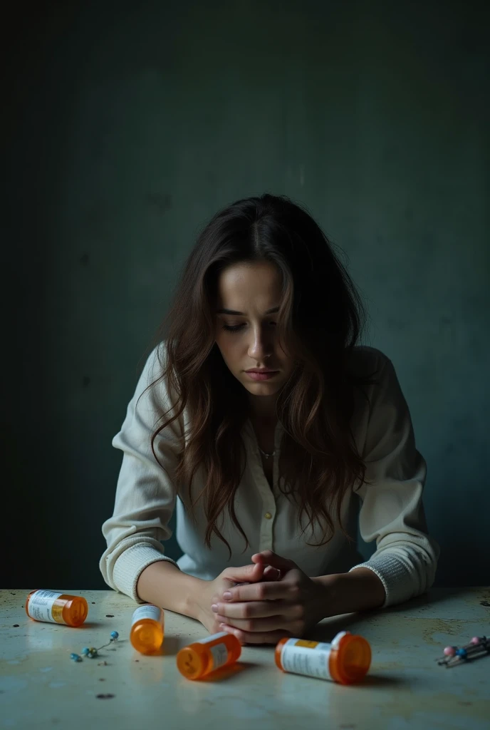 Create a photo showing a lonely and sad woman ,who also has medication and syringes related to DRUG ADDICTION 
