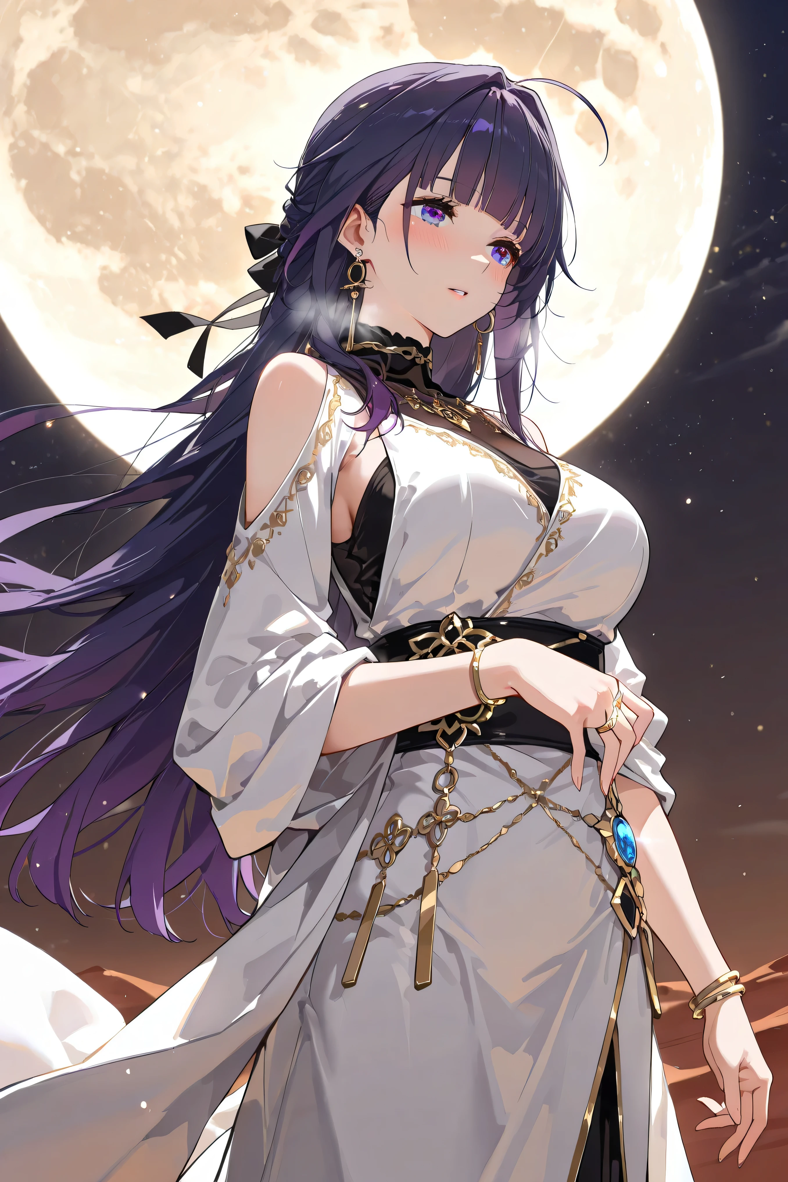 score_9, score_8_up, score_7_up, masterpiece, best quality, very aesthetic, absurdres, tunning image, light particles, attractive image, solo, 1girl, adult grown woman, raiden mei, long hair, purple hair, bangs, purple eyes, blunt bangs, bangs, gradient hair, hair ribbon, blush, heavy breathing, masterpiece,best quality,amazing quality, 5 fingers, alternate costume, An anime character in a Moonlit Desert Wanderer outfit, wearing a flowing layered robe with intricate celestial embroidery and shimmering gold threadwork. Beneath, a fitted tunic adds a structured silhouette, while a long scarf drapes around their shoulders, catching the wind for a dynamic effect. Elegant accessories like delicate bracelets and gemstone rings enhance the mystical aura. Standing in the vast desert under a breathtaking starlit sky, illuminated by the soft glow of a full moon, their gaze holds a quiet, mysterious wisdom