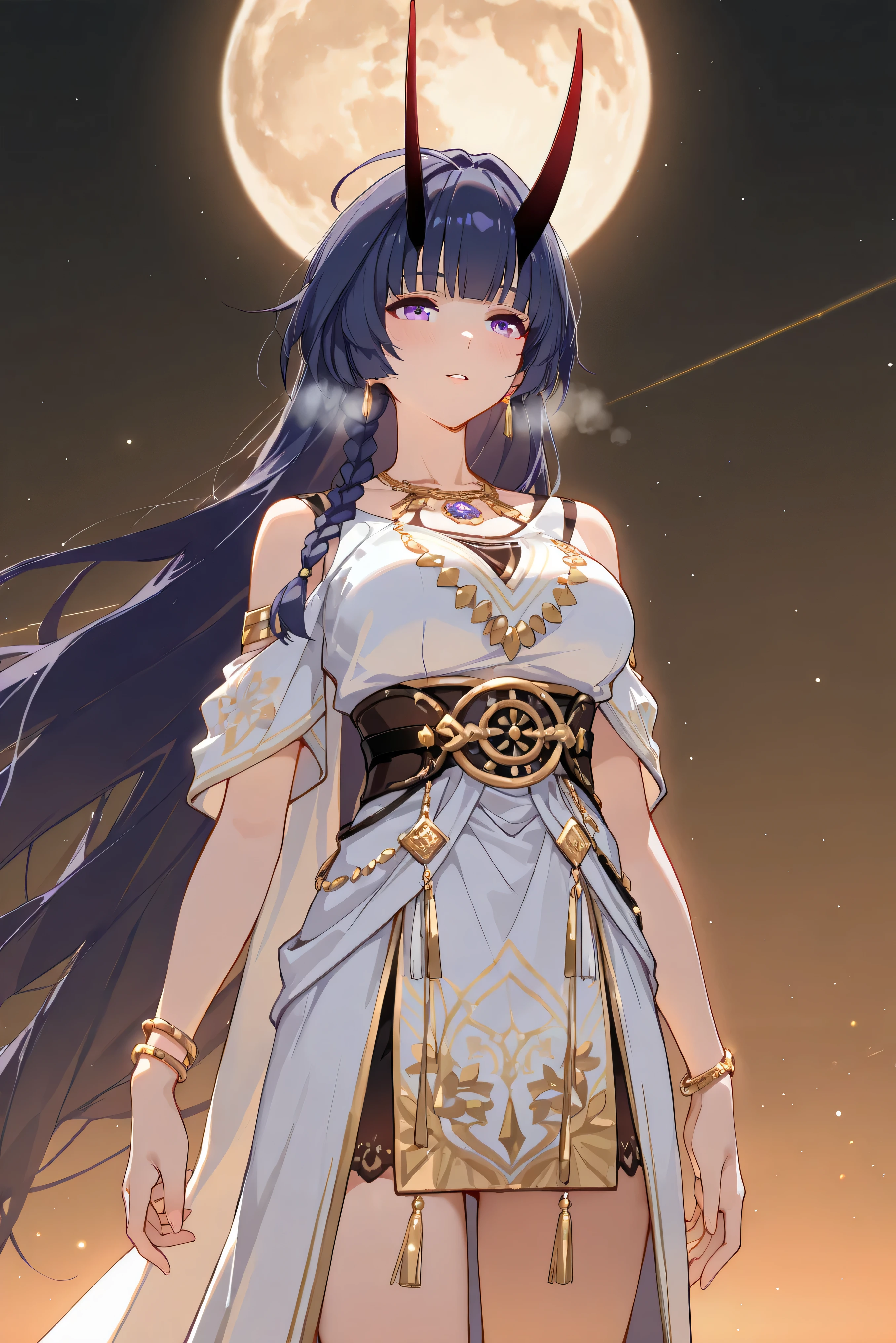 score_9, score_8_up, score_7_up, masterpiece, best quality, very aesthetic, absurdres, tunning image, light particles, attractive image, solo, 1girl, adult grown woman, looking at view, Raiden_Mei, very long hair, raiden mei, purple eyes, Mei_HoT, red horns, blush, heavy breathing, masterpiece,best quality,amazing quality, 5 fingers, alternate costume, An anime character in a Moonlit Desert Wanderer outfit, wearing a flowing layered robe with intricate celestial embroidery and shimmering gold threadwork. Beneath, a fitted tunic adds a structured silhouette, while a long scarf drapes around their shoulders, catching the wind for a dynamic effect. Elegant accessories like delicate bracelets and gemstone rings enhance the mystical aura. Standing in the vast desert under a breathtaking starlit sky, illuminated by the soft glow of a full moon, their gaze holds a quiet, mysterious wisdom