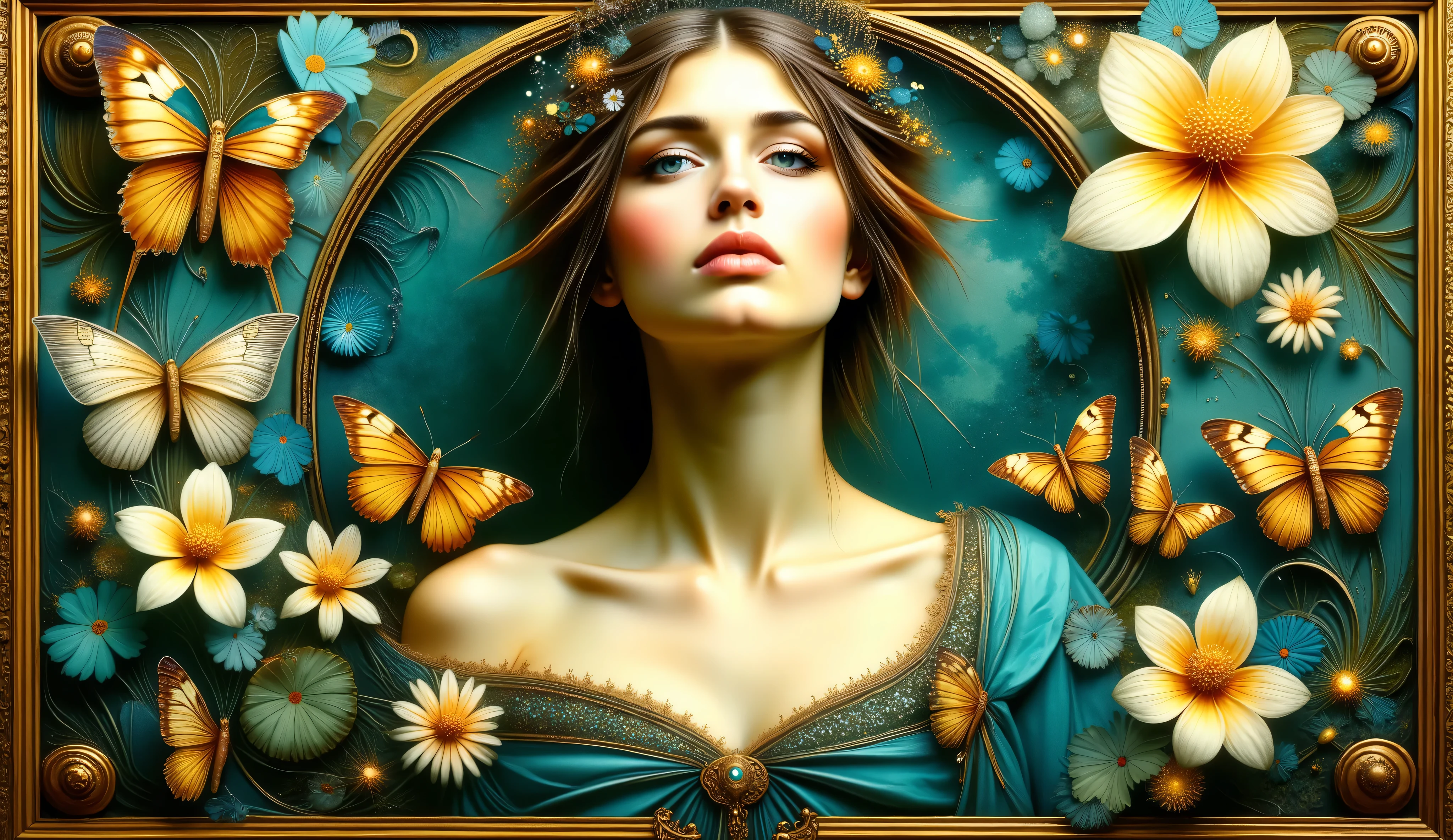 an oil painting in art nouveau style of a woman surrounded by flowers and butterflies with a golden frame, inspired by Alphonse Mucha, the woman has a dreamy and soft expression, turquoise and gold tones predominating, soft lighting and a nostalgic and ethereal environment --v 5 --stylize 1000