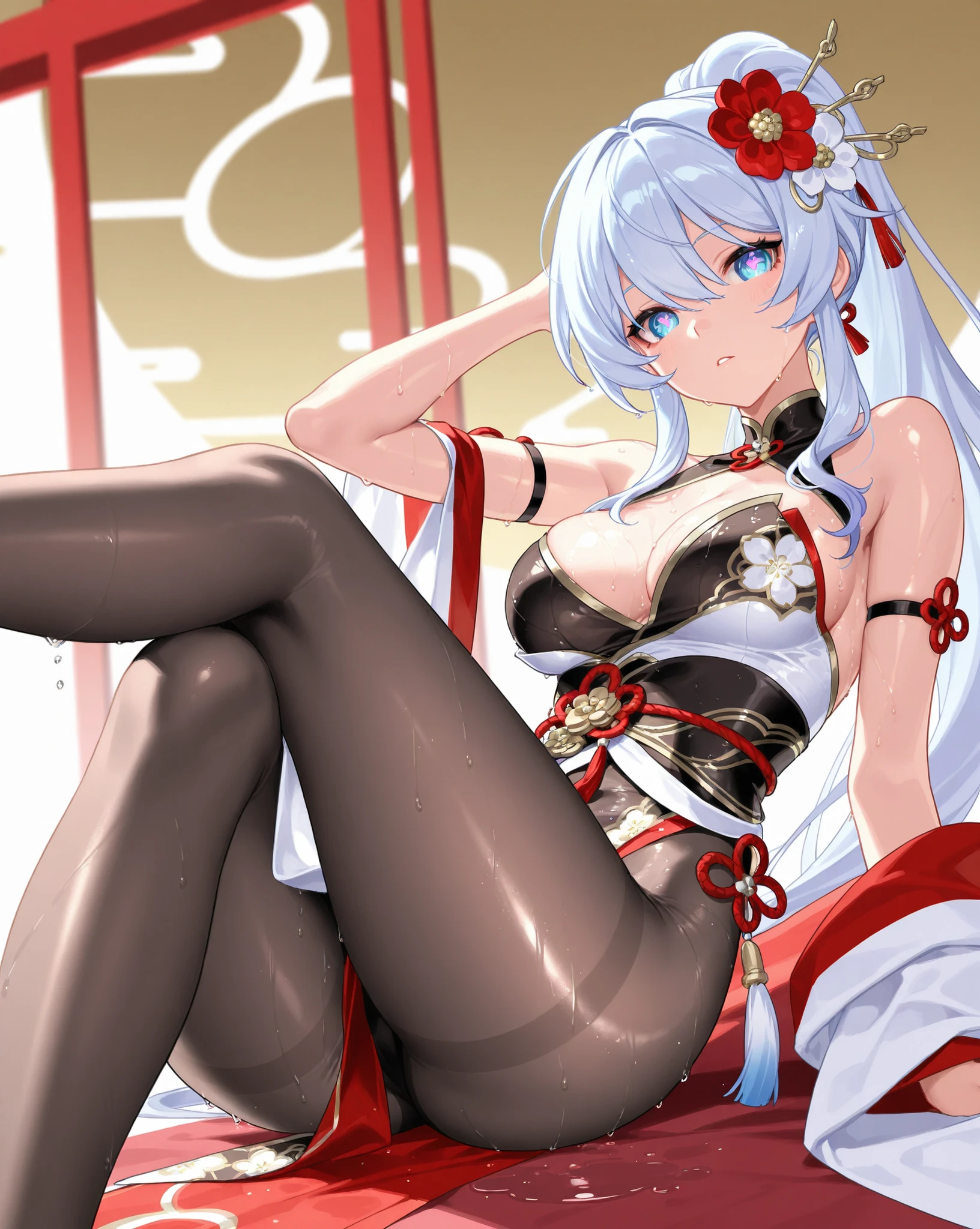 nsfw, (masterpiece),(Highest quality),(Very detailed),(Best illustrations),(so beautiful), so beautiful長い脚, Thighs, Saggy breasts, Silver Hair, Red eyes, Very long hair, High Ponytail, Blue clothes, China dress, Side slits, armpits, foot focus, presenting