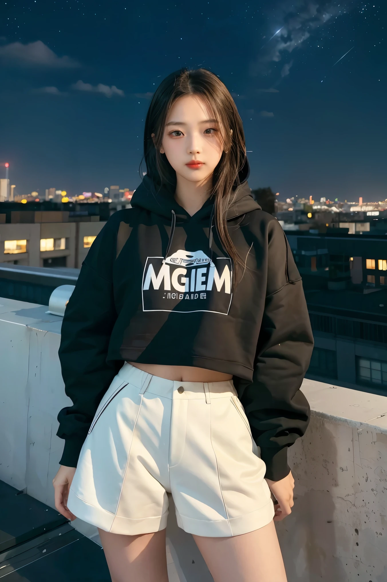1girl,highres, high quality, masterpiece,black hoodie, white short, rooftop with city light in the background, starry night,