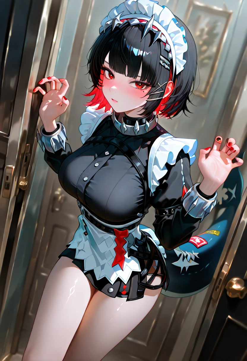 1girl,cat ears ,black hair ,red eyes ,short hair ,messy hair,hair between eyes ,(half body ,standing ,micro bikini ,sleeveless ,bare shoulders ,big boobs ,cleavage)