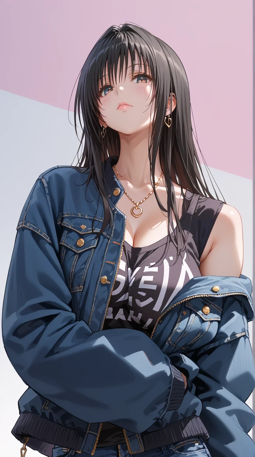 To Love Ru, Otegawa Yui, Furukawa Yui、 black hair、 Long Hair, score_9, score_8_up, score_7_up, source_anime, masterpiece,best quality, huge breasts, gyaru, 1girl, solo, , denim_jacket, jacket, long_hair, denim, black_hair, black_eyes, looking_at_viewer, necklace, jewelry, , bangs, jeans, off_shoulder, closed_mouth, tank_top