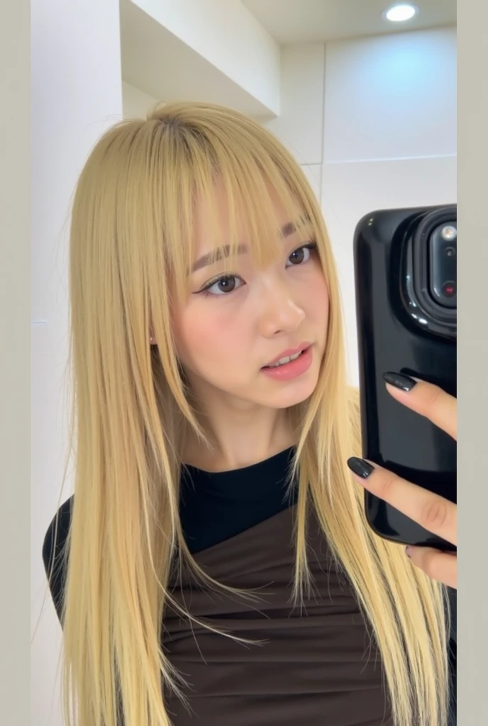 Blond-haired girl with headphones and a cell phone taking a selfie, Cabello largo y blanco y flequillo, con auriculares, Rena Nounen Estilo 3/4, Misa Amane *, Cabello glam metal, Lalisa Manobal, con pelo largo blanco, con auriculares, Lalisa Manoban de Blackpink, Retrato de una mujer como Reol, cabello whitebangs cabello