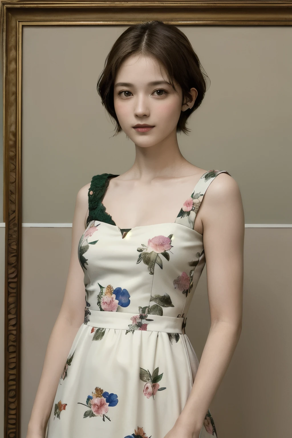 362 (20 year old female),(short hair), ( High Definition Photos ), (gentle smile), (colorful floral dress), (Leonardo da Vinci Paintings)