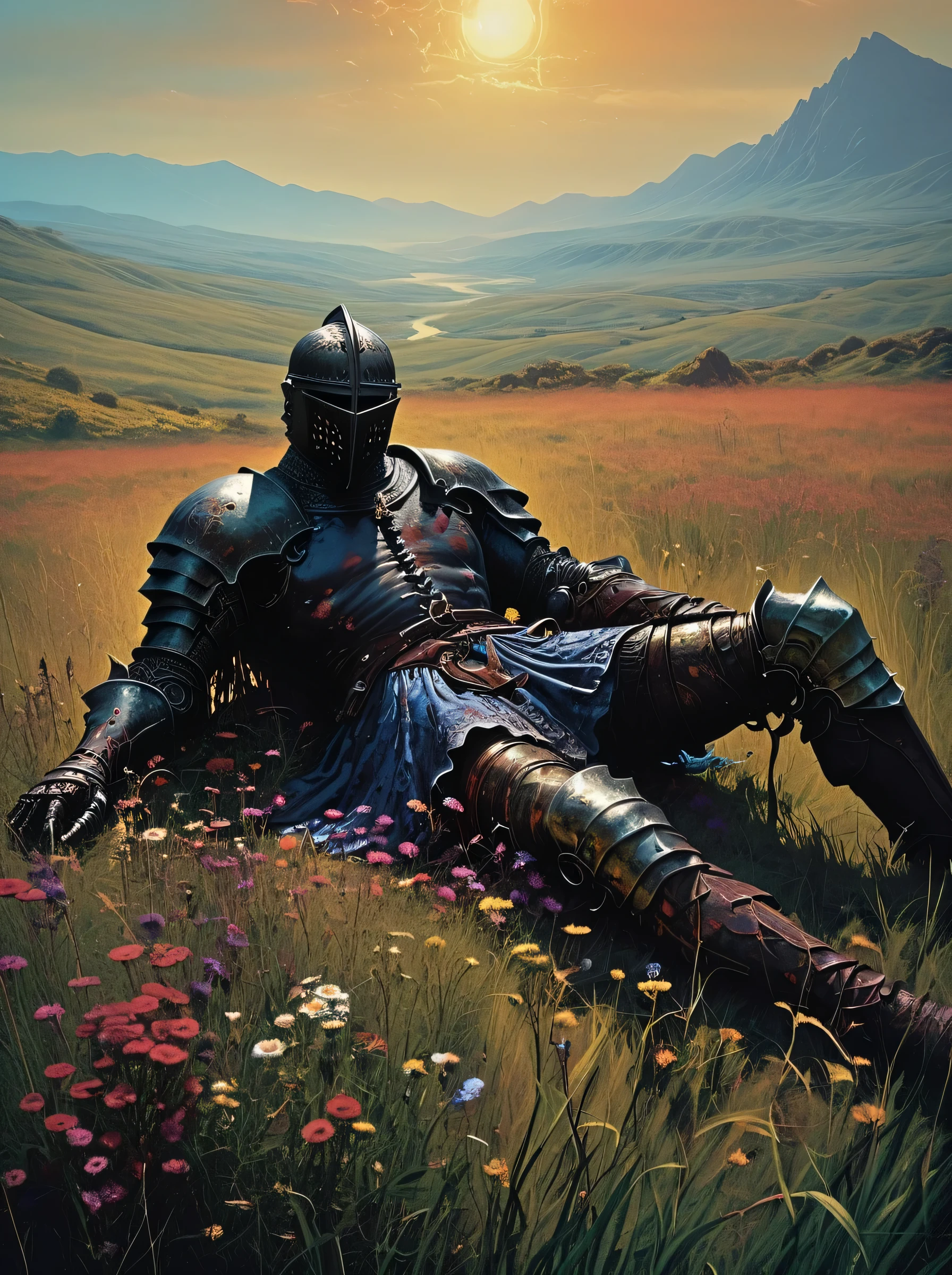1970's dungeons and dragons dark fantasy artstyle, a fallen knight lying in a vast, overgrown field, his battered armor reflecting the dim light of a setting sun. His sword rests beside him, half-buried in the earth, while wildflowers bloom around his still form, contrasting the somber mood with vibrant colors. The field stretches endlessly, with tall grass swaying in the wind, and distant mountains shrouded in mist. The scene is cinematic and textured, with a grainy, nostalgic feel, evoking the atmosphere of classic dark fantasy art. Realistic details, dramatic lighting, and a mix of muted and vivid tones create a poignant, melancholic beauty. lora:dark_fantasy:1