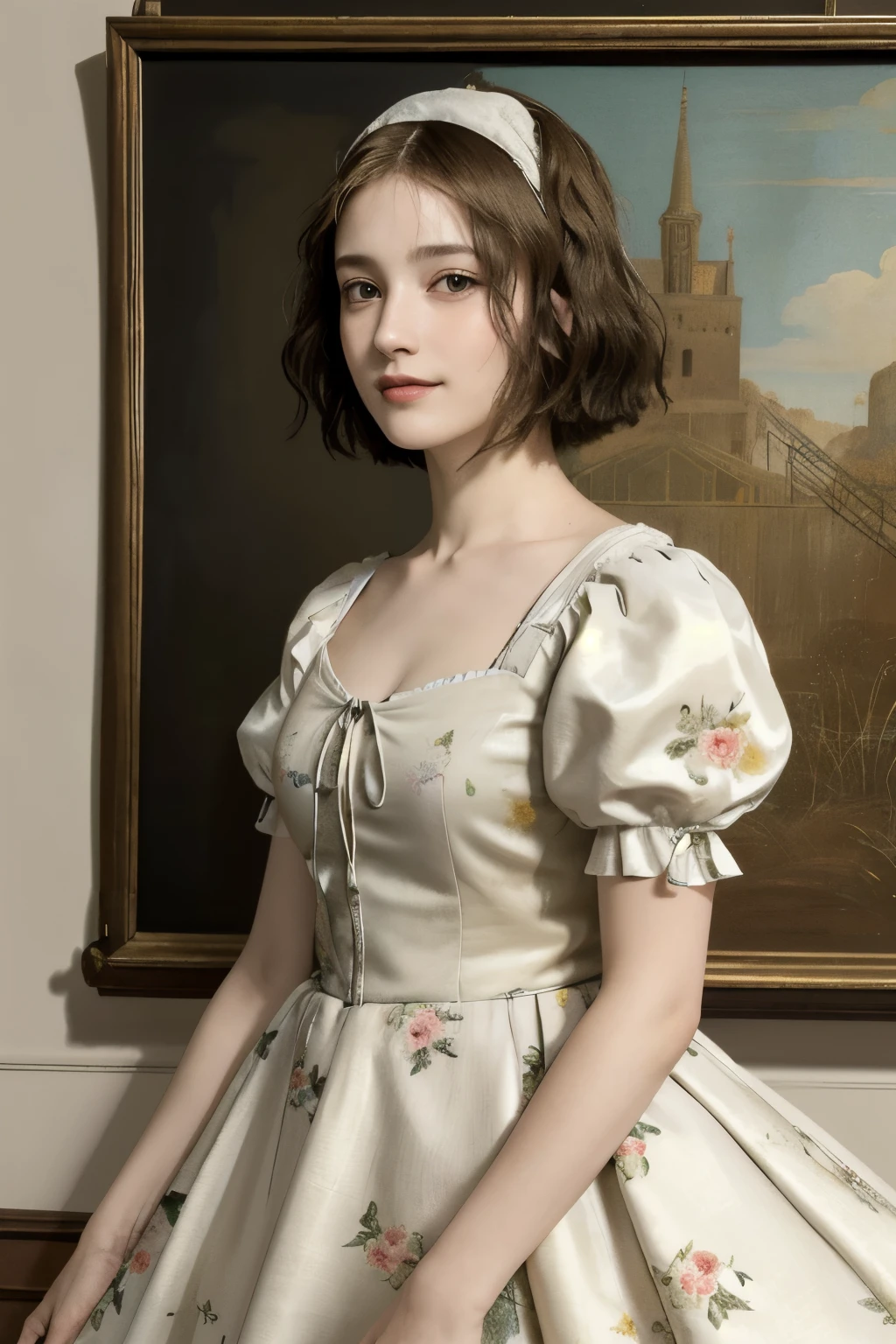 362 (20 year old female),(short hair), ( High Definition Photos ), (gentle smile), (colorful floral dress), (Leonardo da Vinci Paintings)