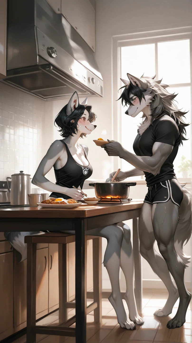 Duo, score_9, score_8_up, score_7_up, sera, black avian, (she has purple eyes):2, messy black hair, female, she is sitting on a kitchen counter,, BREAK, sex, human male is standing, standing sex, she is getting fucked by faceless human male, human male is grabbing her ass, males face is cropped out,