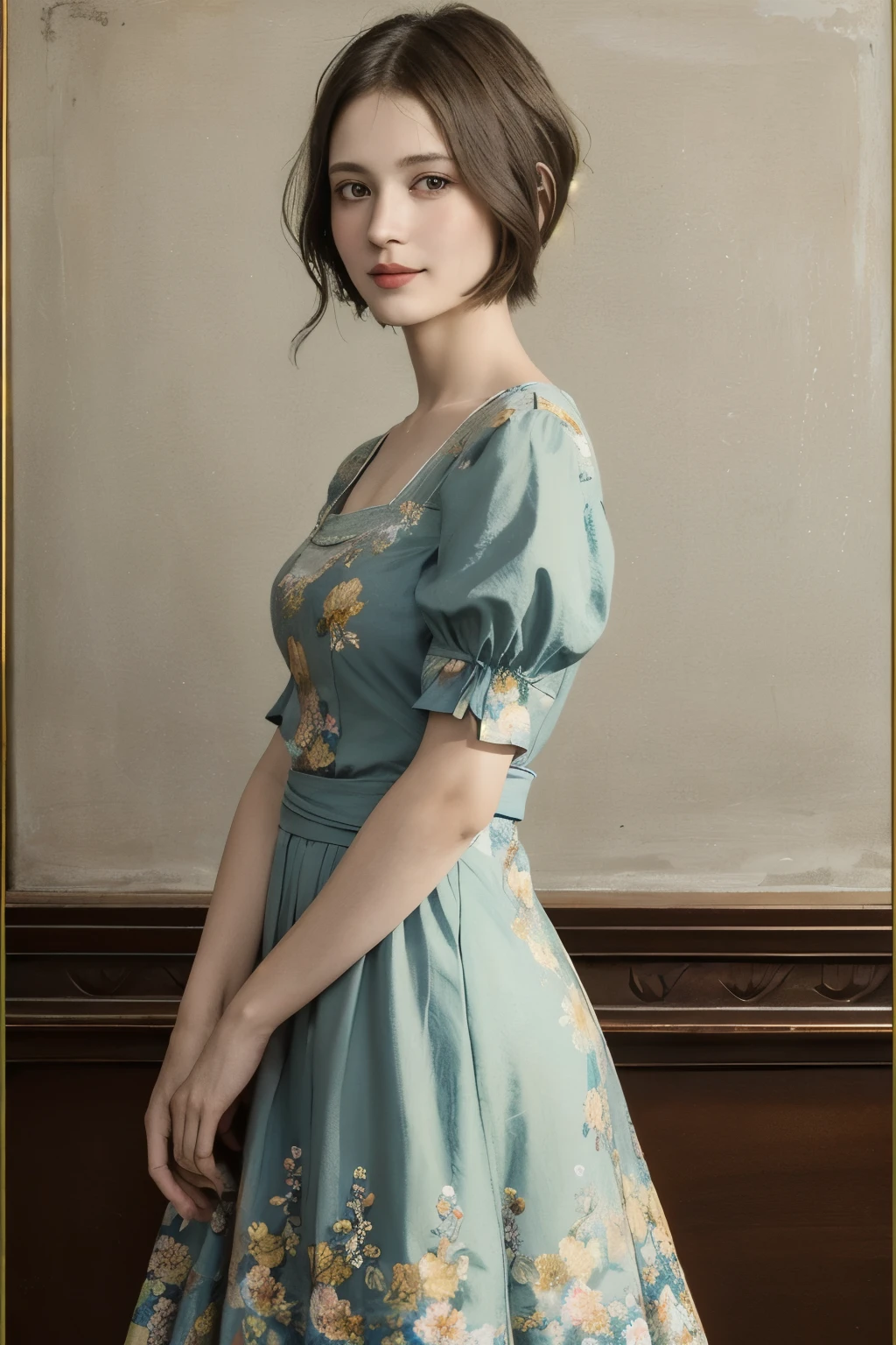 362 (20 year old female),(short hair), ( High Definition Photos ), (gentle smile), (colorful floral dress), (Leonardo da Vinci Paintings)