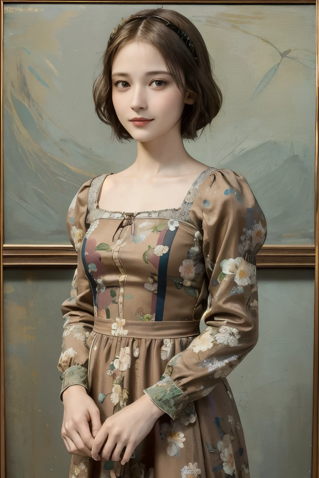 362 (20 year old female),(short hair), ( High Definition Photos ), (gentle smile), (colorful floral dress), (Leonardo da Vinci Paintings)