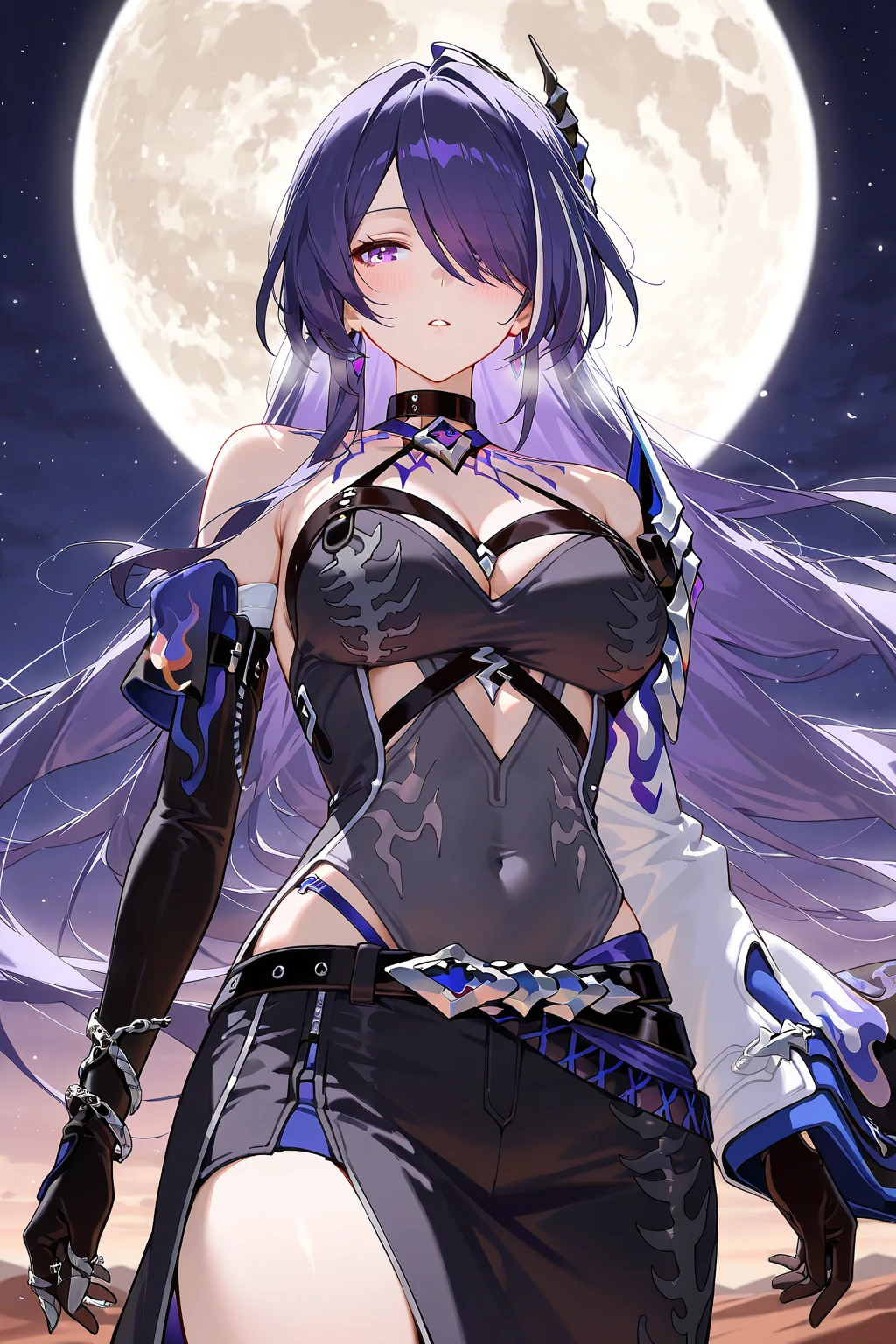 anime girl standing in a purple flowers field, nigh sky, full moon, purple butterflies, (1girl), long purple hair, purple eyes, blue dominant shorts, beautiful anime artwork, ultrasharp, masterpiece, high res, 8k