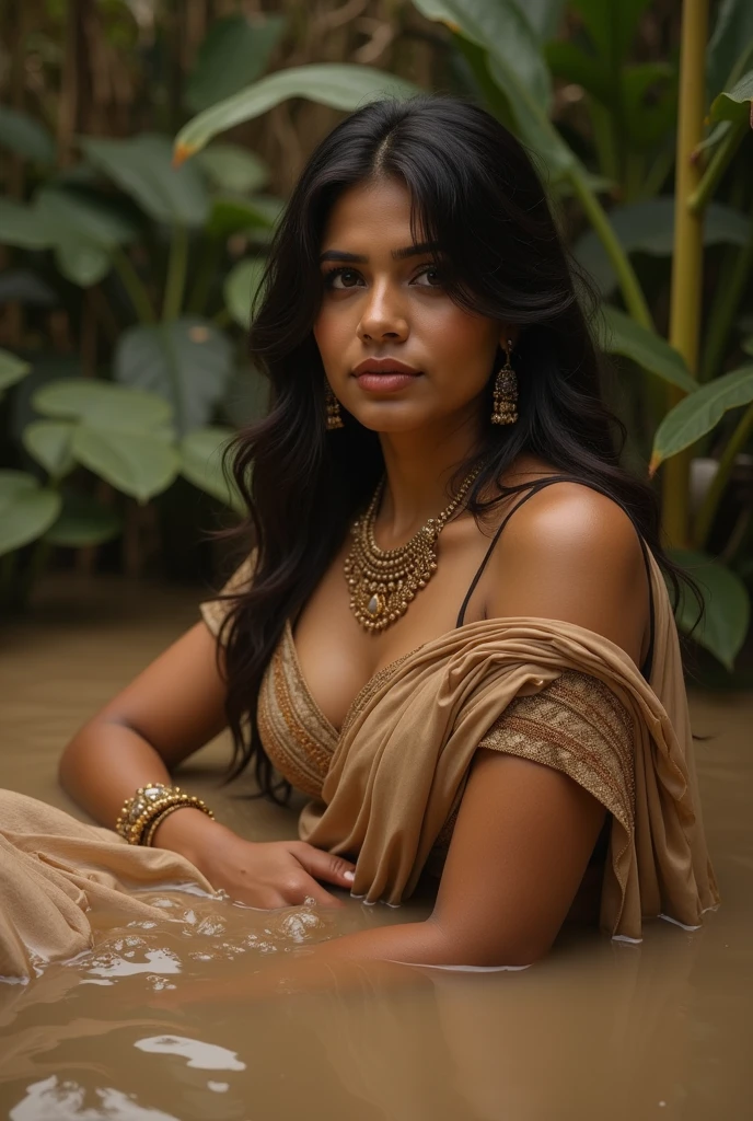 A gorgeous Indian girl with big breasts is wearing a saree that is transparent, she is biting her lips and has a lewd expression on her face, while she pushes her breasts together