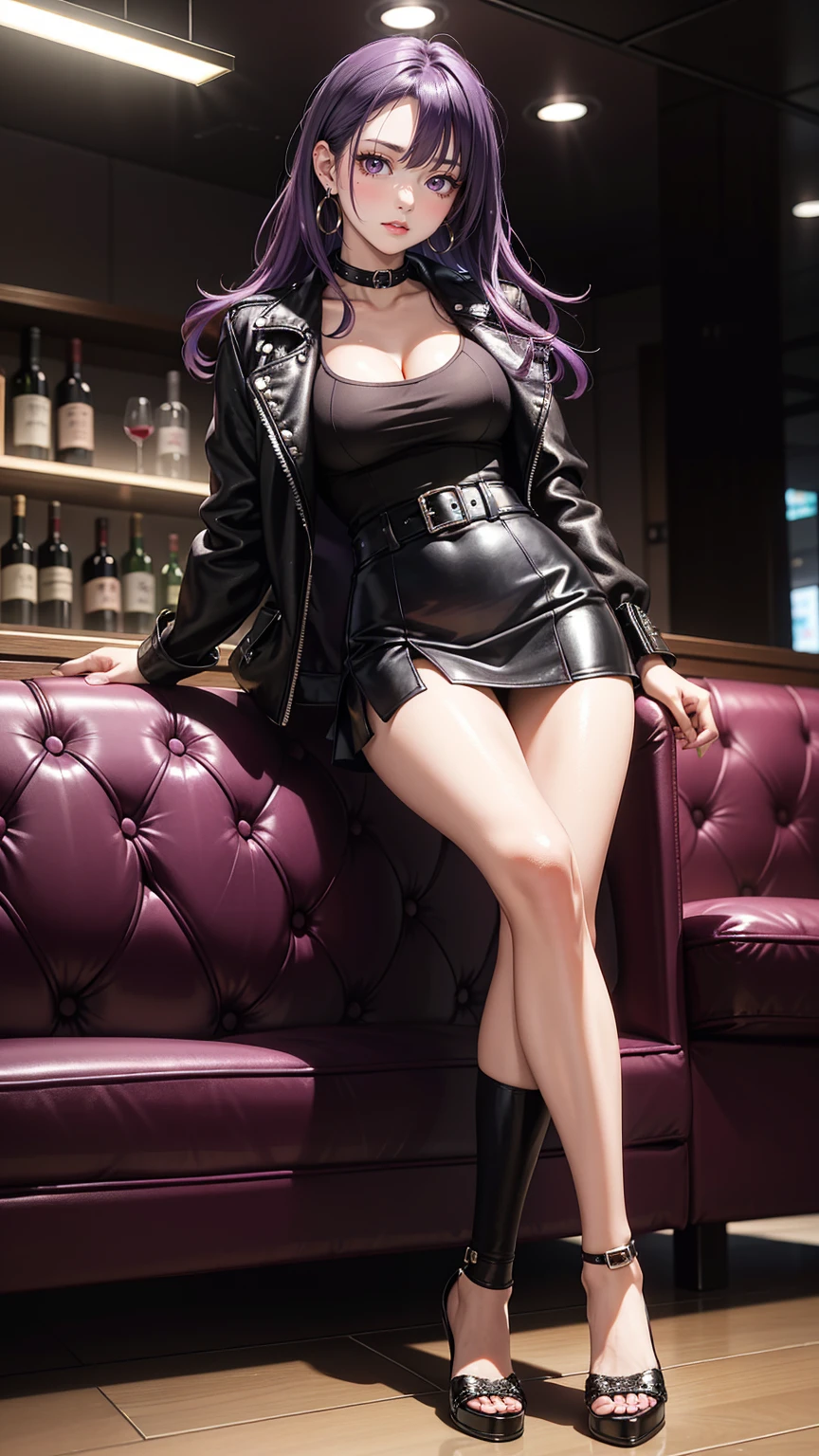 (8k, RAW photo, best quality, masterpiece:1.2), (realistic:1.3), (photorealistic:1.3), ultra-detailed, (high detailed skin:1.2), 8k uhd, dslr, soft lighting, high quality, film grain, Fujifilm XT3, best quality, beautiful lighting, beautiful business woman, pink long hair, walking and looking to the distant, looking away from viewer, tight mini skirt, black leather skirt, high heels, tie, thick thighs, open shirt, show cleavage, sexy legs, beautiful legs, shinny legs, elegant legs, elegant woman, beautiful eyes, pink contacts, sexy cleavage,