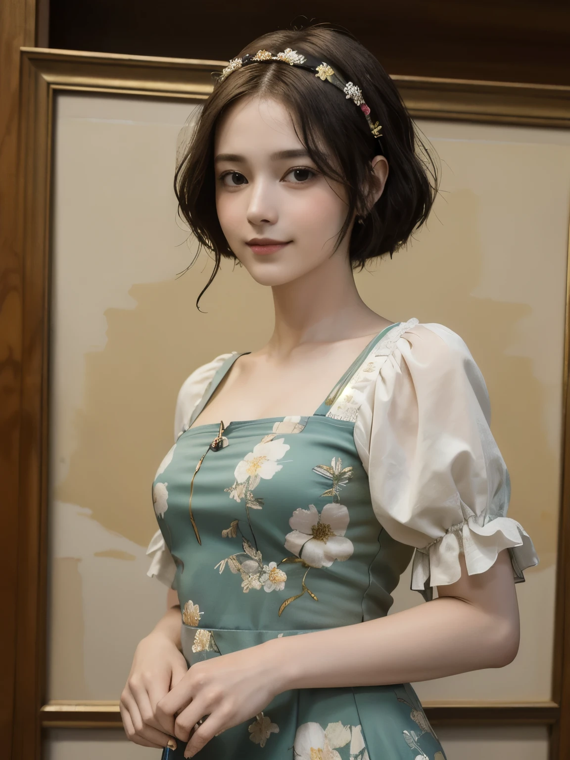 362 (20 year old female),(short hair), ( High Definition Photos ), (gentle smile), (colorful floral dress), (Leonardo da Vinci Paintings)