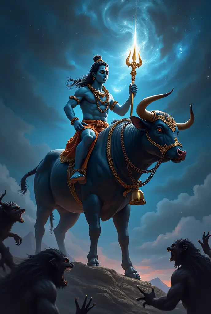 a powerful muscular lord shiva sitting on a giant muscular cow nandi, blue tinted night sky with cloudy moon, lord shiva holding trishul, nandi walking on water, tiny buildings, tiny human, fantasy landscape, (best quality,4k,8k,highres,masterpiece:1.2),ultra-detailed,(realistic,photorealistic,photo-realistic:1.37),dramatic lighting,cinematic composition,intricate details,vibrant colors,mystical atmosphere,