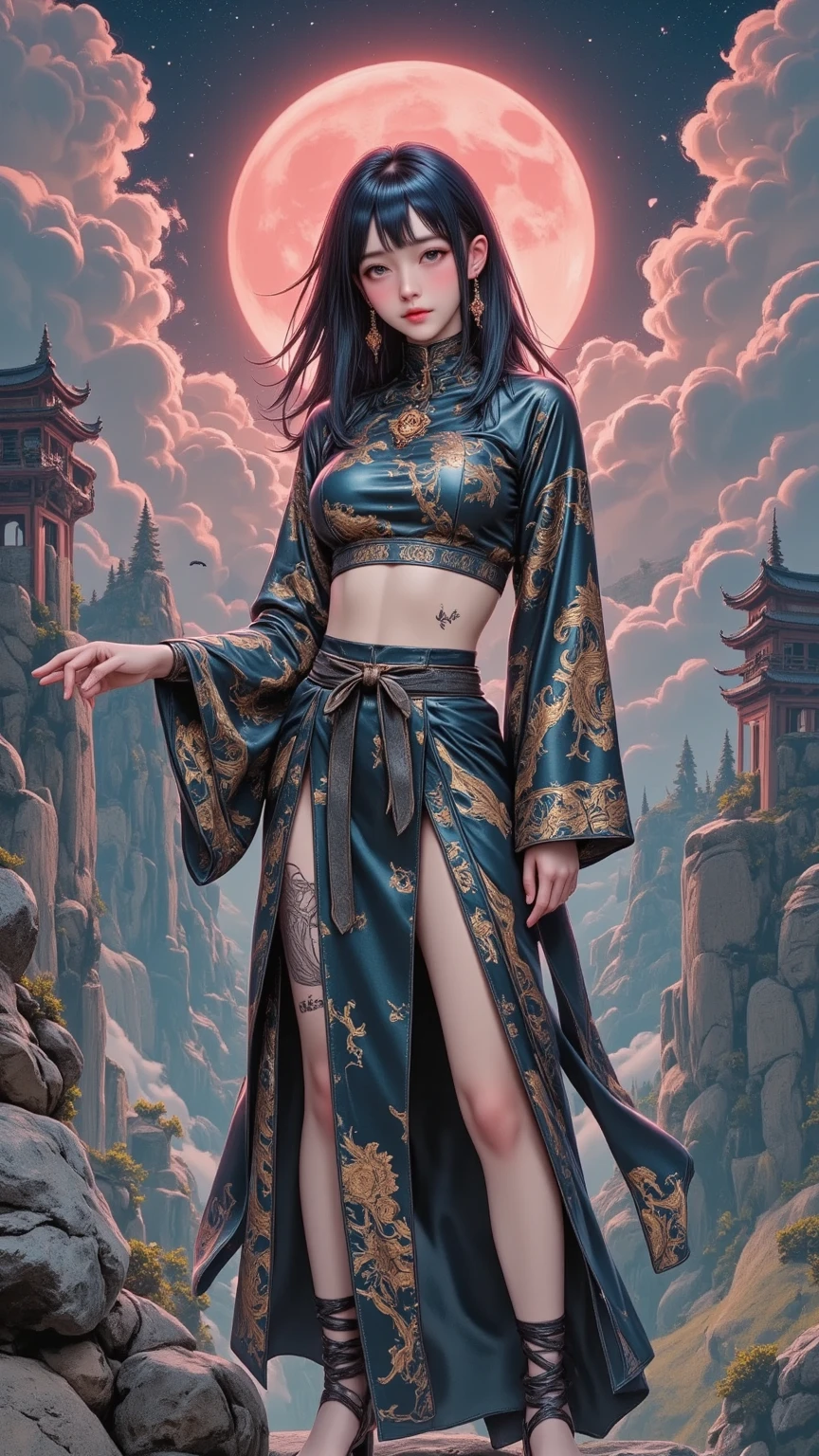Masterpiece, best quality, high resolution, super detailed, one female, A striking photograph of a woman in a dark fantasy setting, practicing tai chi while her vibrant glowing tattoos illuminate her body. The tattoos are reminiscent of nanopunk technology, with intricate patterns and a mix of circular and linear shapes. The background is dark, with a stark contrast to the vibrant colors of the tattoos. The overall mood of the image is cinematic and conceptual, evoking a sense of mystery and otherworldliness.
