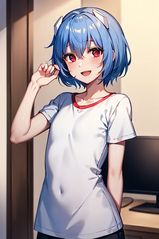 masterpeace, best quality, highres, 1girl, solo, blue hair, ,looking viewer,,spoken heart,,(petite), ,camisole,denim shorts,socks,expressionless,small breasts, my room,grin,nsfw