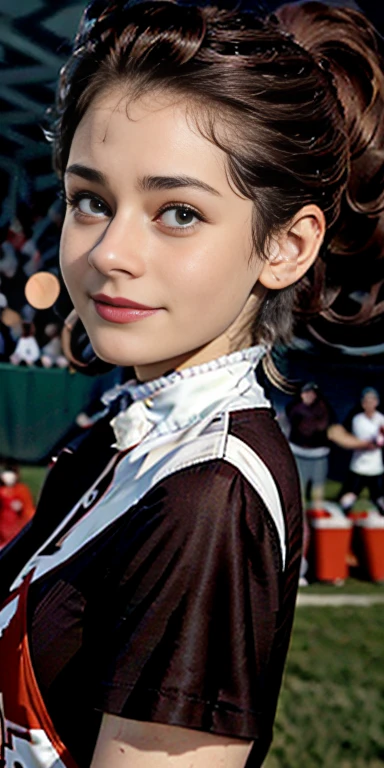 Soccer fan, (wearing british soccer uniform, sports shoes, standing on tribune, in an crowded soccer stadium), ((watching british soccer match, shouting loudly, insulting the goal keeper)), floating hair, necklace, jewelry, body chain, gold chain, hair ornament, makeup, surrounded by celebrating soccer fans, manchester flags in background,(masterpiece, best quality, ultra-detailed, best shadow), (detailed face), high contrast, (best illumination), ((cinematic light)), colorful, hyper detail, dramatic light, intricate details, lcollins, <lyco:Lcollins:0.8>,